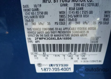 2020 Ford Edge Se из США, поврежденный, VIN 2FMPK3G9XLBA16896